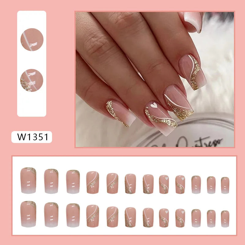 24pcs Pink Gradient Press-On Nails – Yellow Flower Design, Glossy Finish, Reusable Full Cover