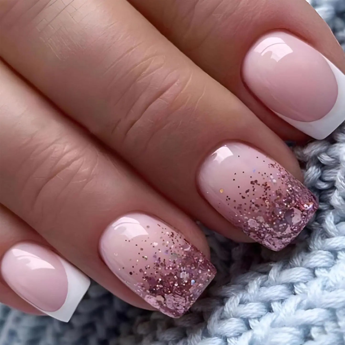 24pcs Square Press–On Nails – White French Tips with Cute Bride Heart Design, Y2K Style