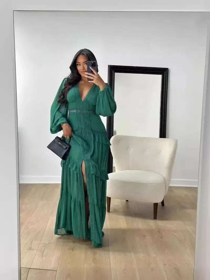 Women's Elegant Tiered Ruffle Maxi Dress – Deep Green, V-Neck & Long Sleeve Design