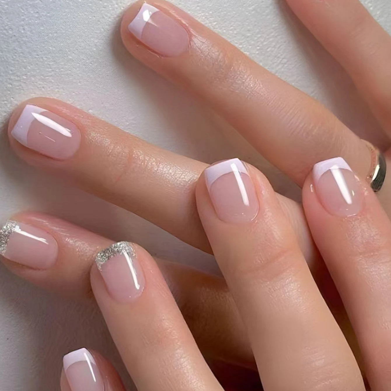 24pcs Square Press–On Nails – White French Tips with Cute Bride Heart Design, Y2K Style