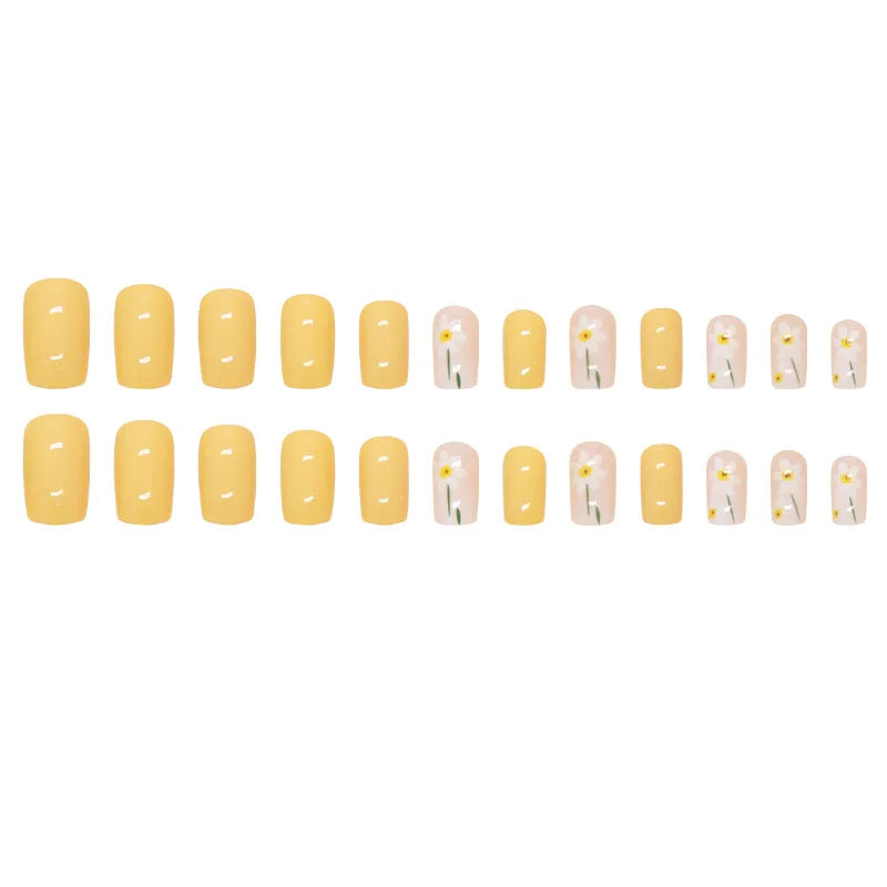 24pcs Pink Gradient Press-On Nails – Yellow Flower Design, Glossy Finish, Reusable Full Cover