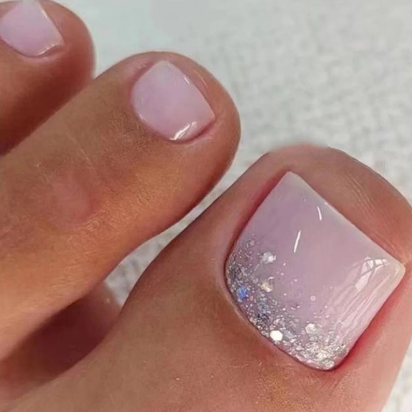 24pcs Nude French Tip Press-On Toe Nails – Square Shape, Glossy Finish