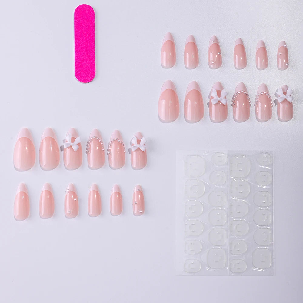 24pcs Medium Stiletto Press-On Nails – Pink Bowknot Fingertip Design, Full Cover Set