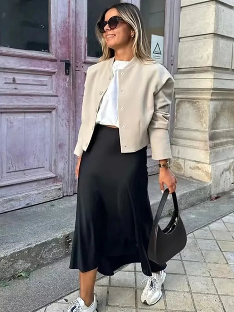 Women's High-Waisted Satin Office Skirt