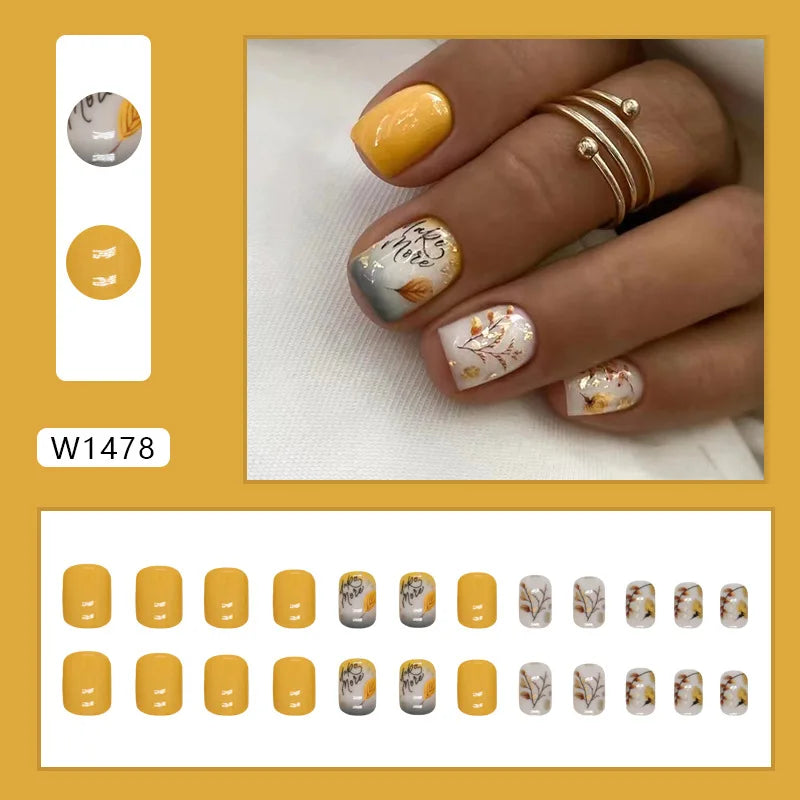 24pcs Pink Gradient Press-On Nails – Yellow Flower Design, Glossy Finish, Reusable Full Cover