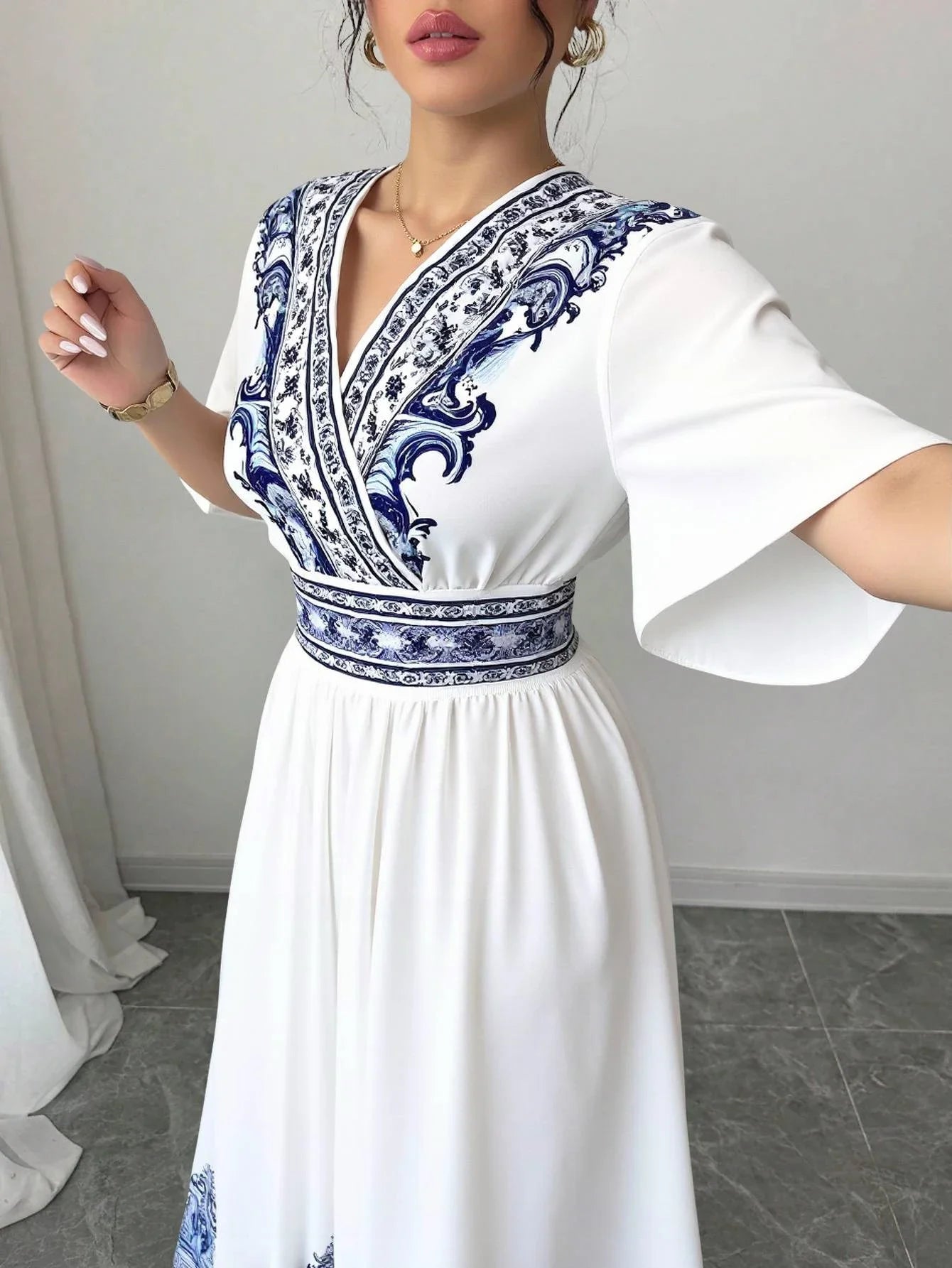 Rafiah Women's Summer White Midi Dress – V-Neck, Blue Embroidery, A-Line Fit