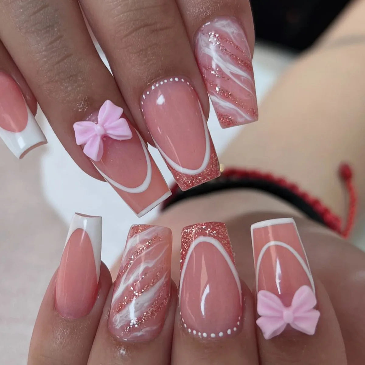 24pcs White French Press-On Nails – 3D Bowknot Design, Full Cover Wearable Set for Women
