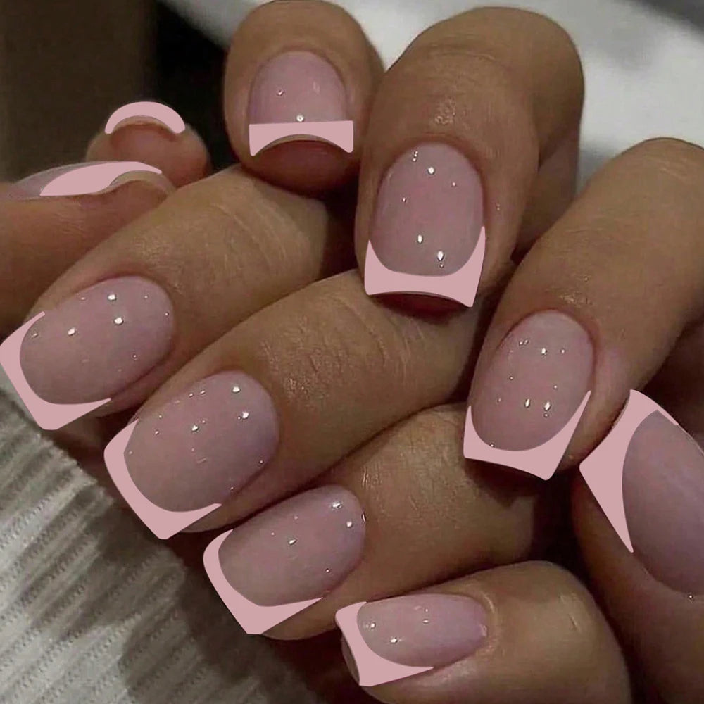 24pcs Square Press–On Nails – White French Tips with Cute Bride Heart Design, Y2K Style