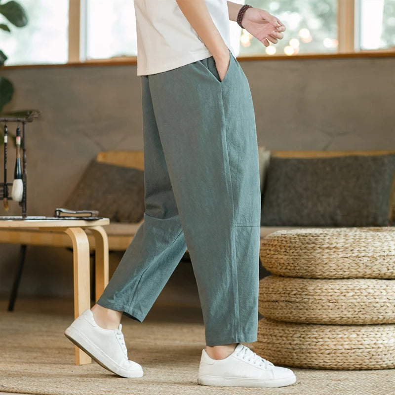 Men’s Lightweight Cotton Linen Summer Pants – Breathable, Loose Fit, Mid-Waist, Casual Style