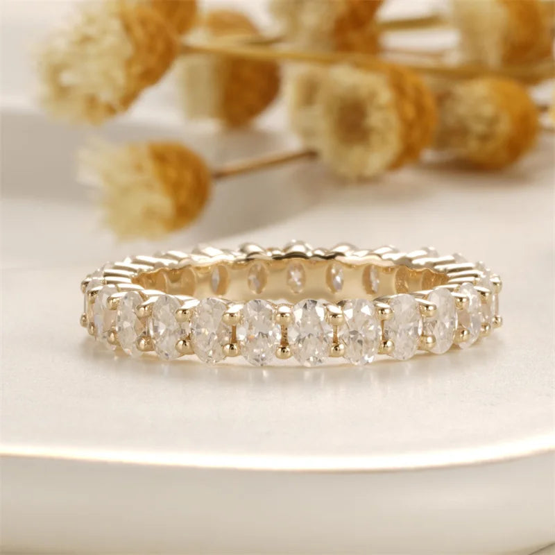 Handcrafted Oval Moissanite Eternity Band – 2×3mm Stones, Custom-Made in Solid 10K / 14K / 18K Yellow Gold