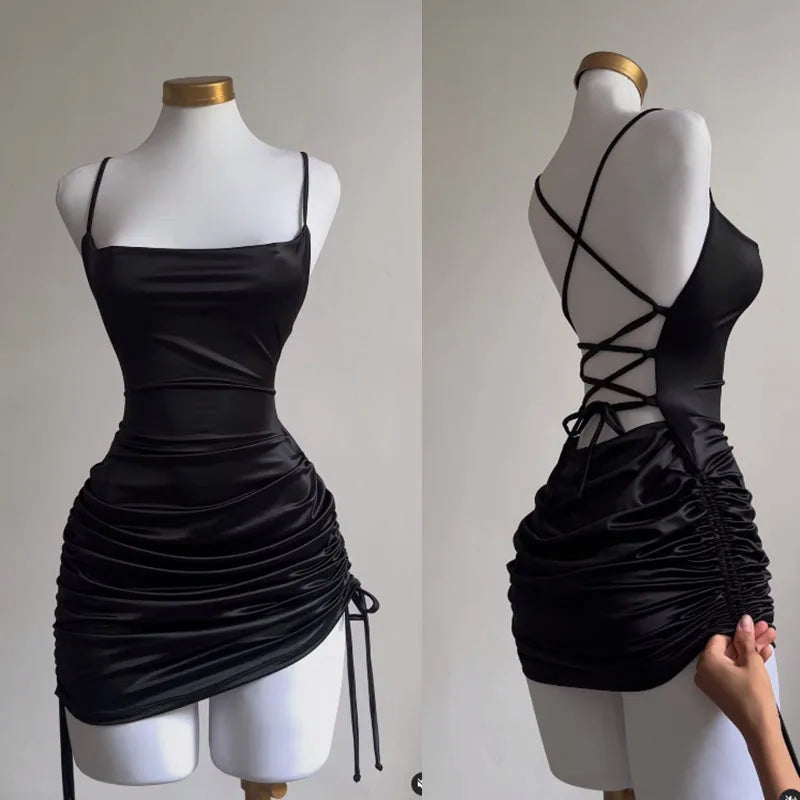 Women's Satin Bodycon Mini Dress – Sleeveless, Backless, Lace-Up Party Style