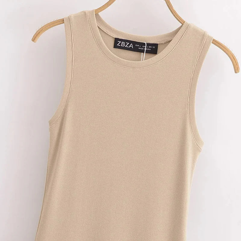 Women’s Khaki Long Dress – Sleeveless, Casual Chic