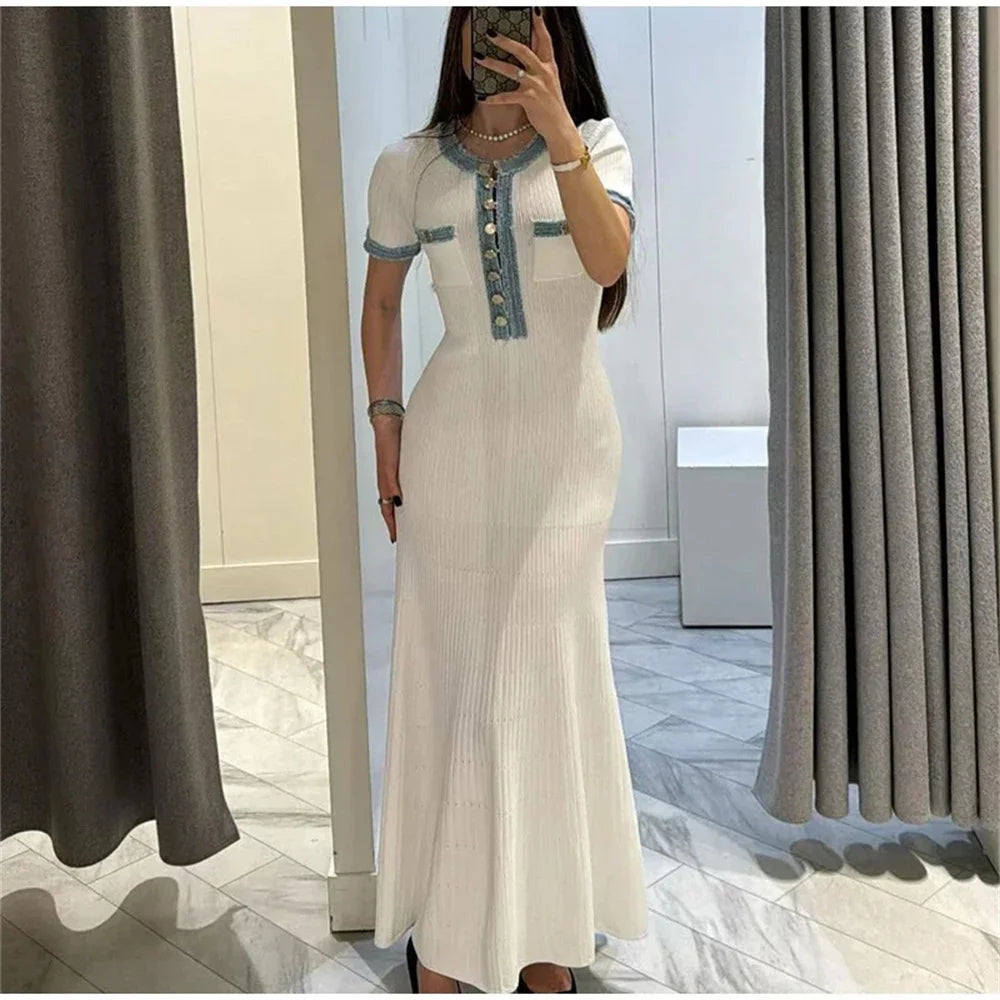women's Elegant White Knit Bodycon Maxi Dress – Sleeve, Pocket Detail