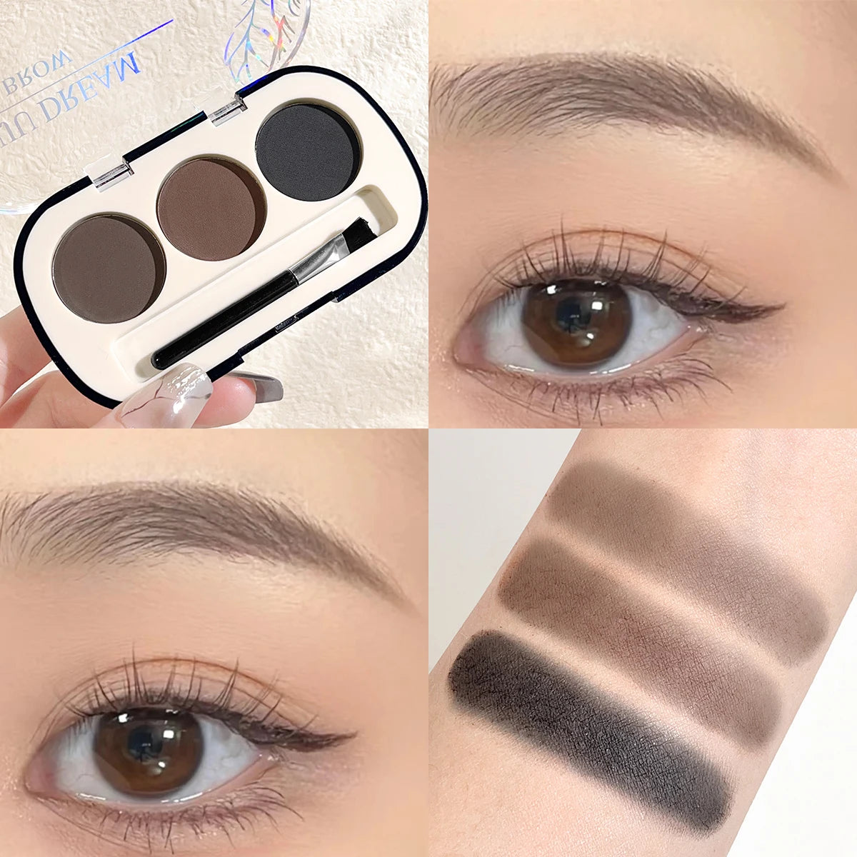 3-Color Waterproof Brow Powder Palette with Brush – Natural Color, Long-Lasting, Sweatproof