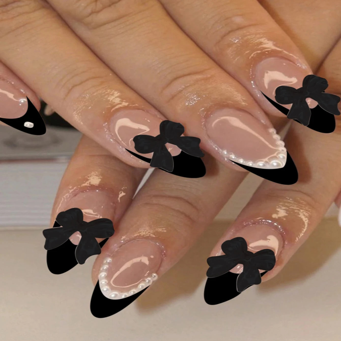 24pcs Medium Stiletto Press-On Nails – Pink Bowknot Fingertip Design, Full Cover Set