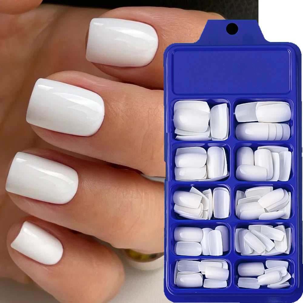 100pcs White Medium Square Press-On Nails – Full Cover Acrylic-Look False Tips, 10 Size Nail Decoration Set