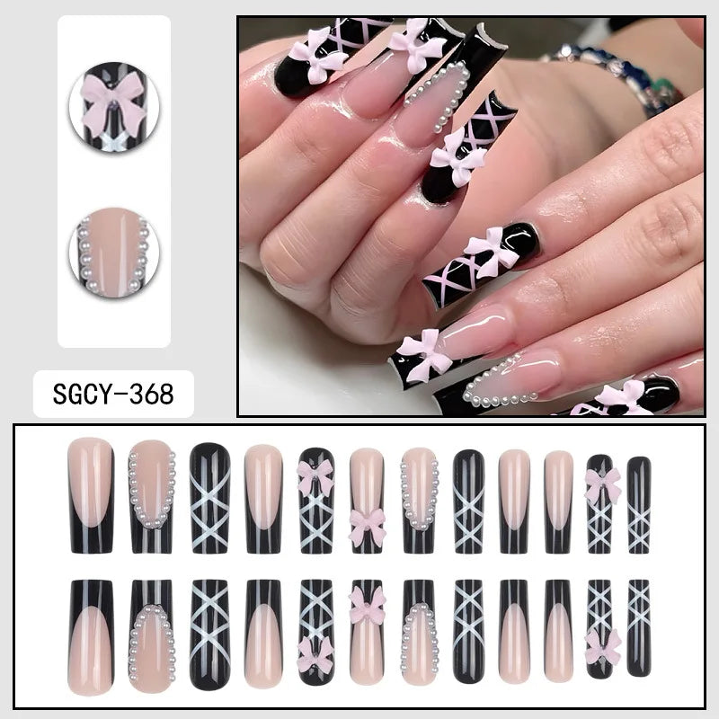 24pcs Long Coffin Press-On Nails – French Patterns with Flowers, Butterflies, and Diamond Shine