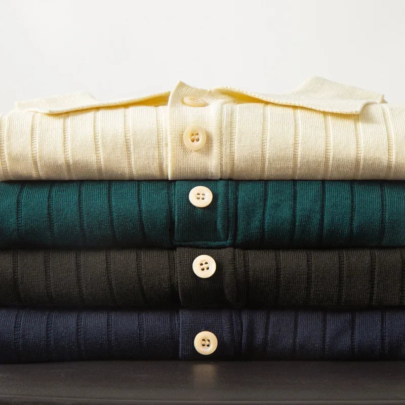 Men's High-End Italian Style Polo Shirt – Ribbed Knit, Vintage Lapel, Elegant Casual Wear