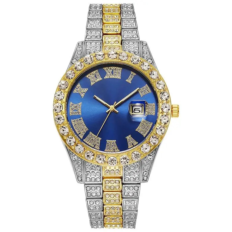 Luxury Golden Steel Men’s Watch – Roman Numerals, Rhinestone Calendar, Quartz Precision