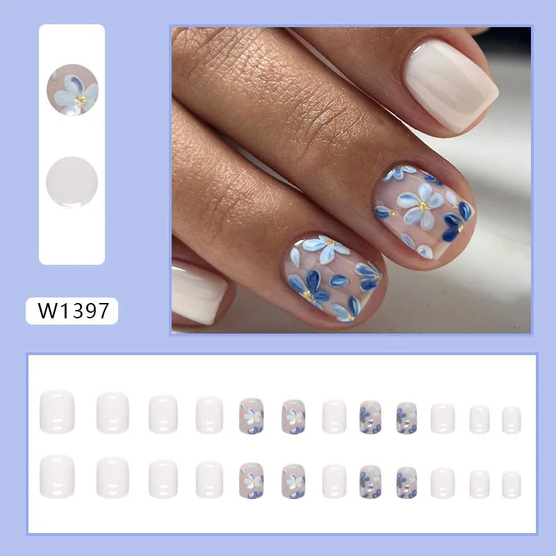 24pcs Pink Gradient Press-On Nails – Yellow Flower Design, Glossy Finish, Reusable Full Cover