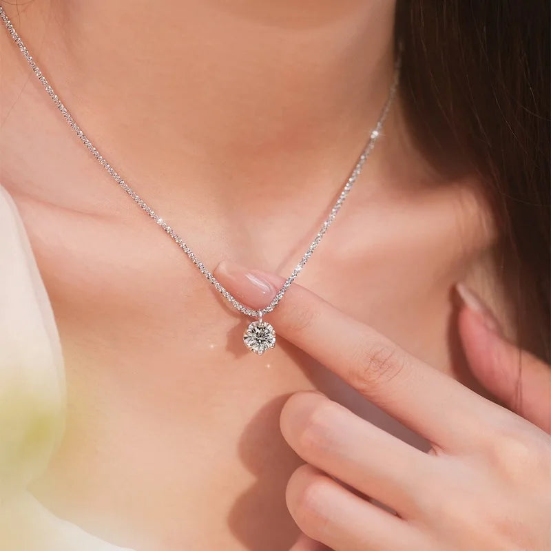 Elegant Moissanite Solitaire Pendant Necklace – 925 Sterling Silver with Dazzling Round Cut Stone (0.5–2CT)