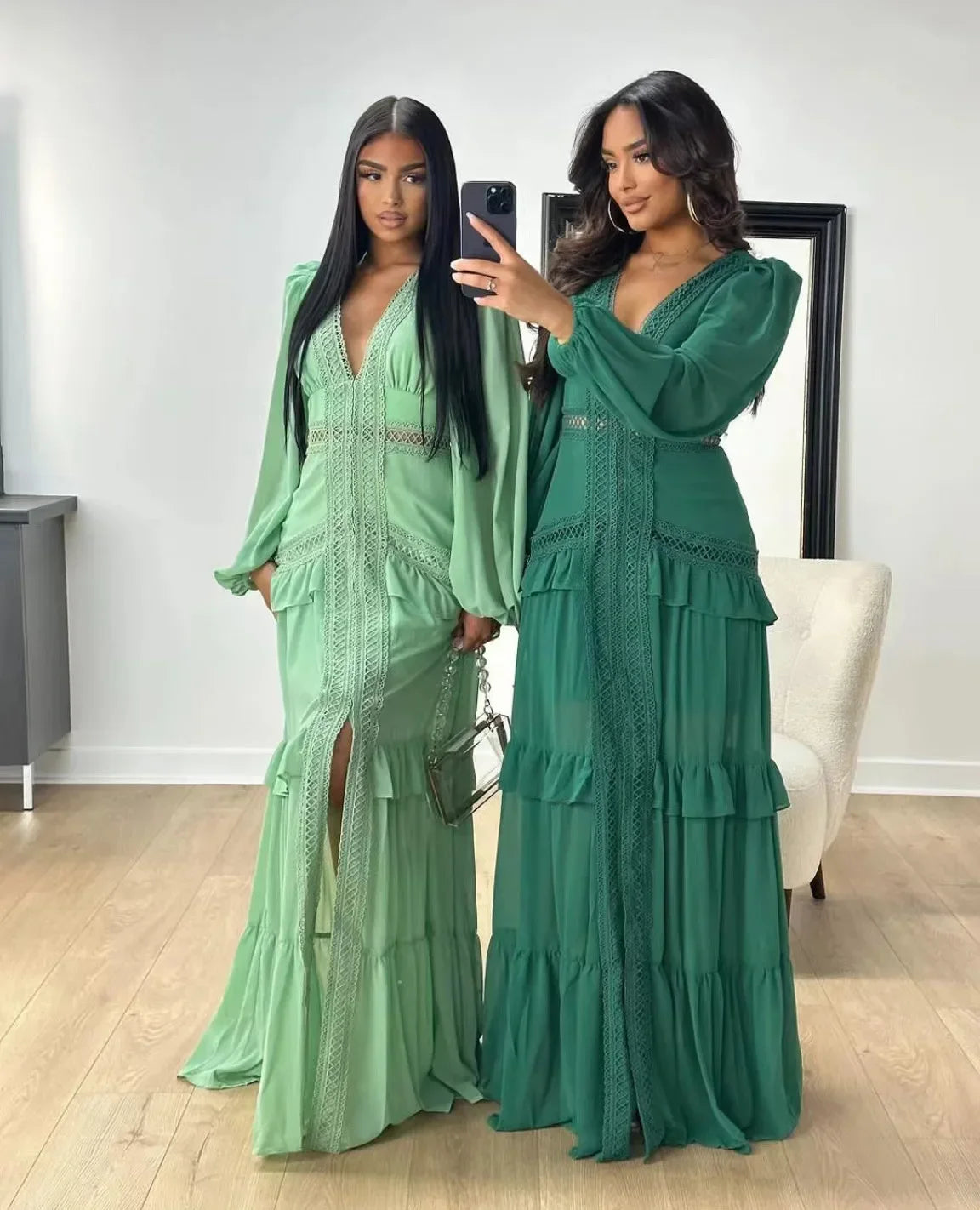 Women's Elegant Tiered Ruffle Maxi Dress – Deep Green, V-Neck & Long Sleeve Design