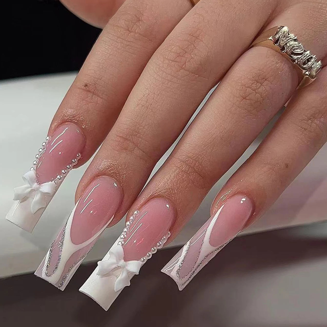 24pcs Medium Stiletto Press-On Nails – Pink Bowknot Fingertip Design, Full Cover Set