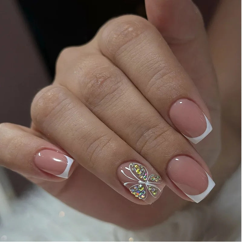 24pcs White French Press-On Nails – 3D Bowknot Design, Full Cover Wearable Set for Women