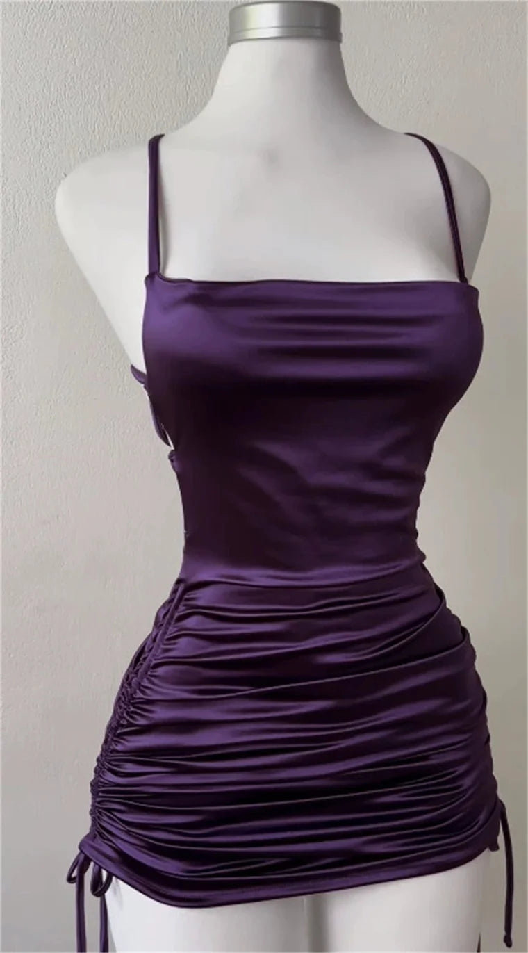 Women's Satin Bodycon Mini Dress – Sleeveless, Backless, Lace-Up Party Style