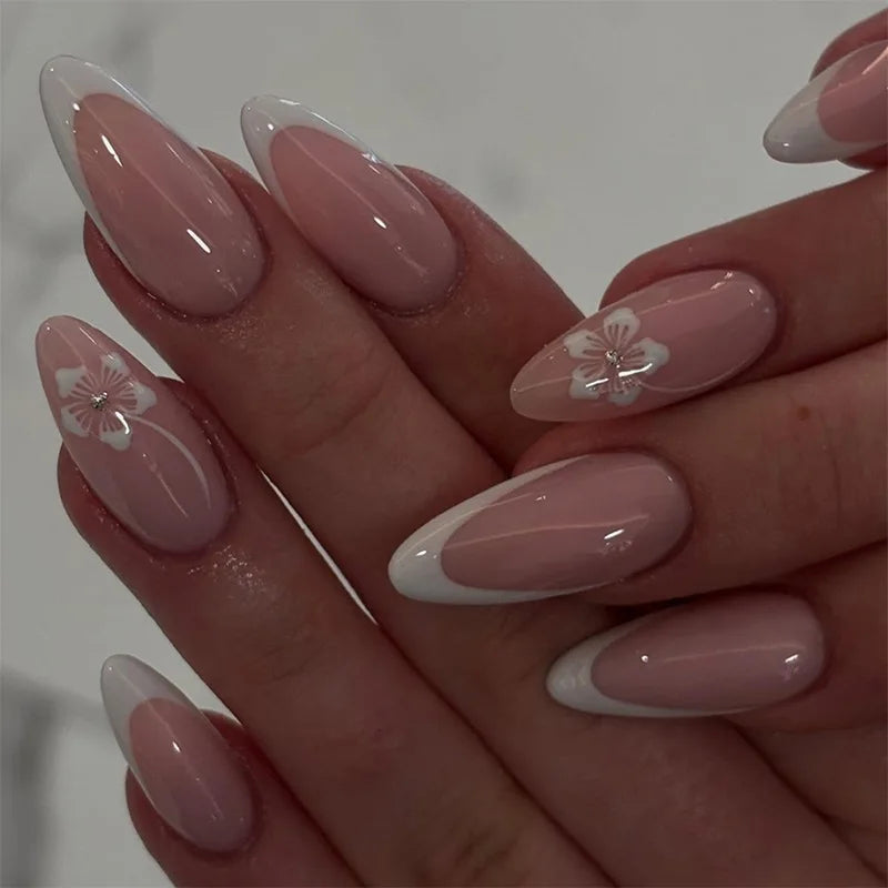 24pcs White French Press-On Nails – 3D Bowknot Design, Full Cover Wearable Set for Women