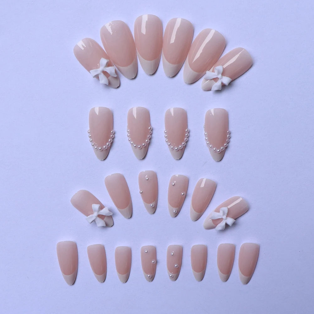 24pcs Medium Stiletto Press-On Nails – Pink Bowknot Fingertip Design, Full Cover Set