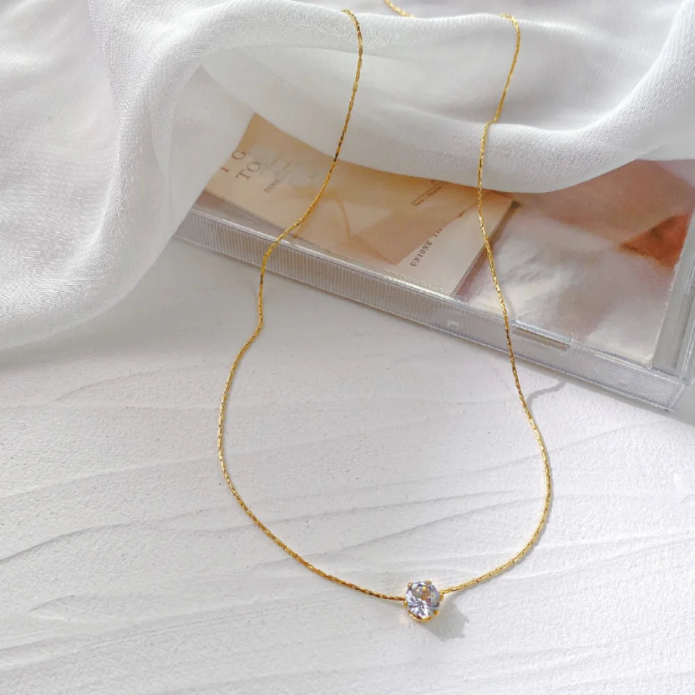Dainty Zircon Pendant Necklace – 18K Gold-Plated Stainless Steel, Minimalist Luxury Jewelry