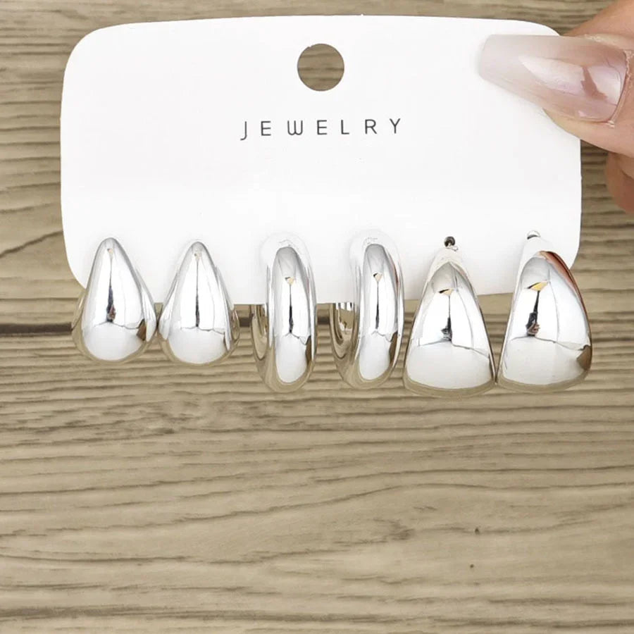6-Piece Gold-Plated Waterdrop Hoop Earring Set – Chunky Minimalist Design for Women