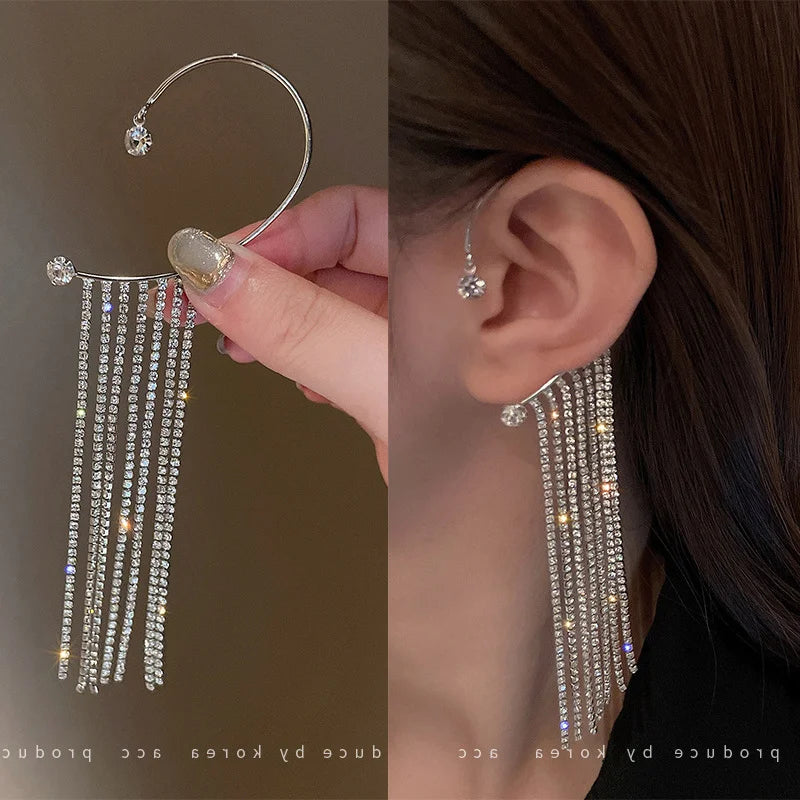 Crystal Leaf Long Tassel Earrings – Statement Gold-Tone Design, Elegant Gift Jewelry