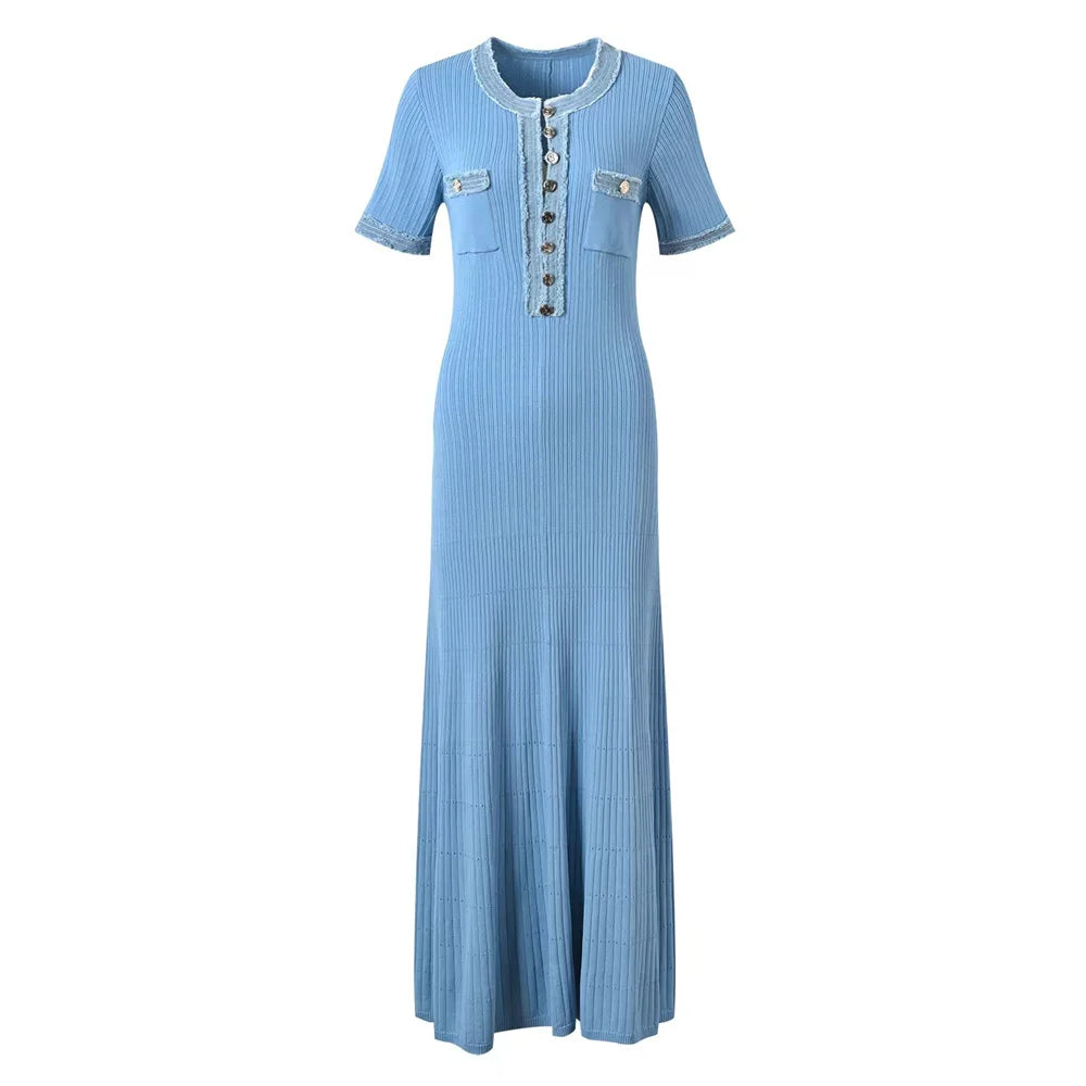 women's Elegant White Knit Bodycon Maxi Dress – Sleeve, Pocket Detail