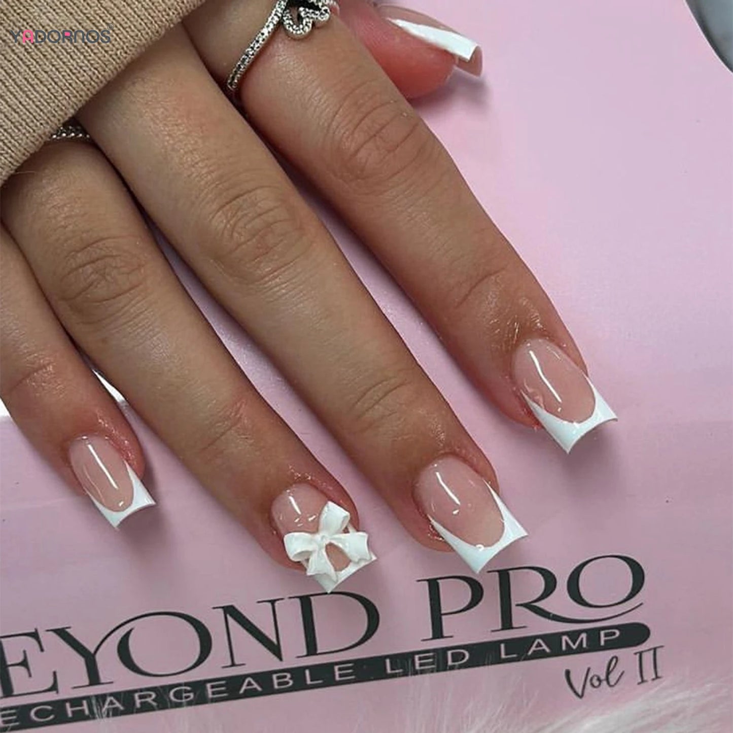 24pcs White French Press-On Nails – 3D Bowknot Design, Full Cover Wearable Set for Women