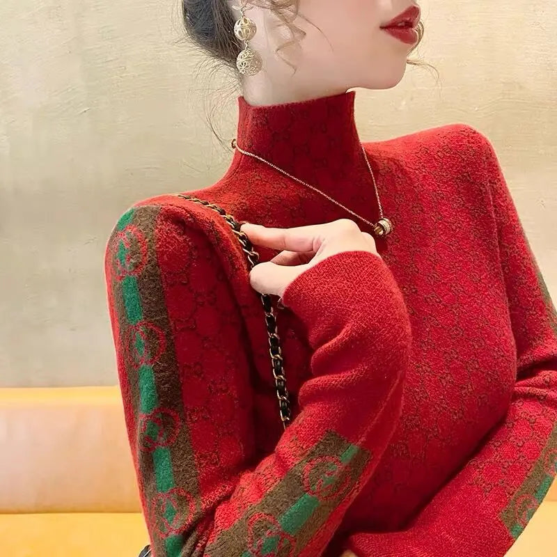 Elegant Letter Knit Pullover – Autumn Slim Fit High Collar Design
