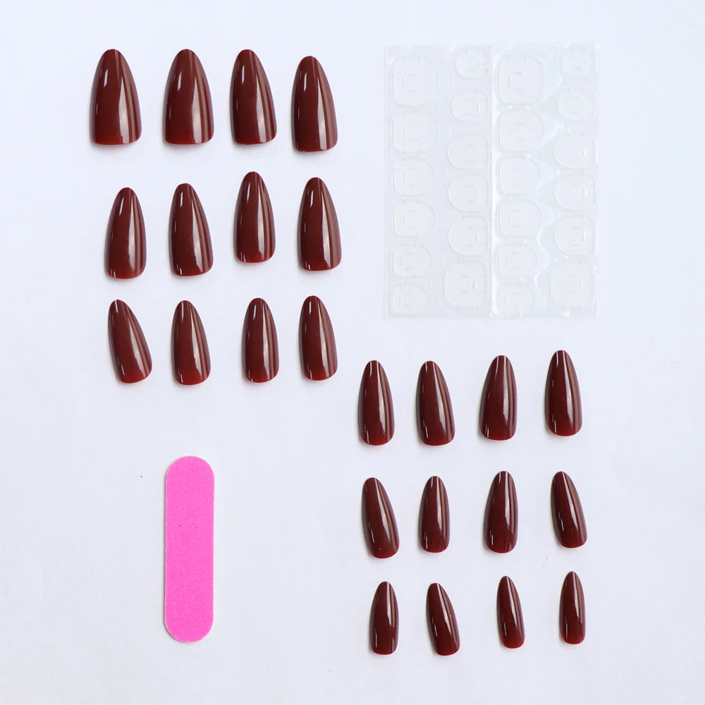 24pcs Almond Press–On Nails – Wine Red High Saturation, Korean Style for Valentine’s Day