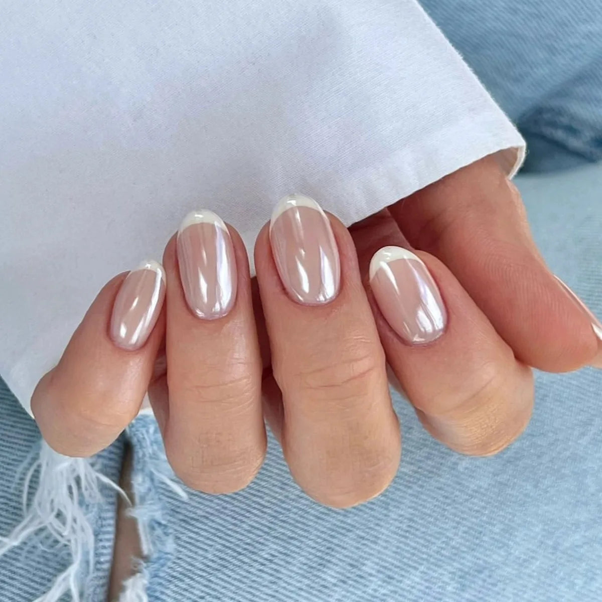 24pcs Long Almond French Tip Press-On Nails – Simple Full Cover Design