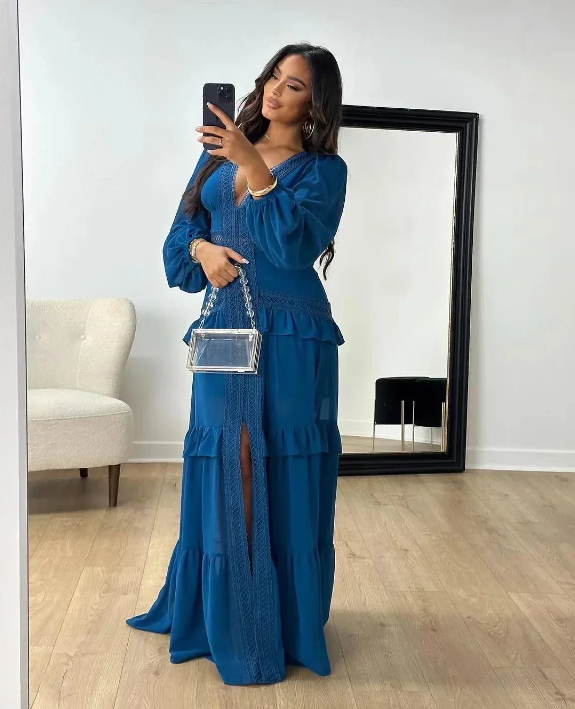 Women's Elegant Tiered Ruffle Maxi Dress – Deep Green, V-Neck & Long Sleeve Design