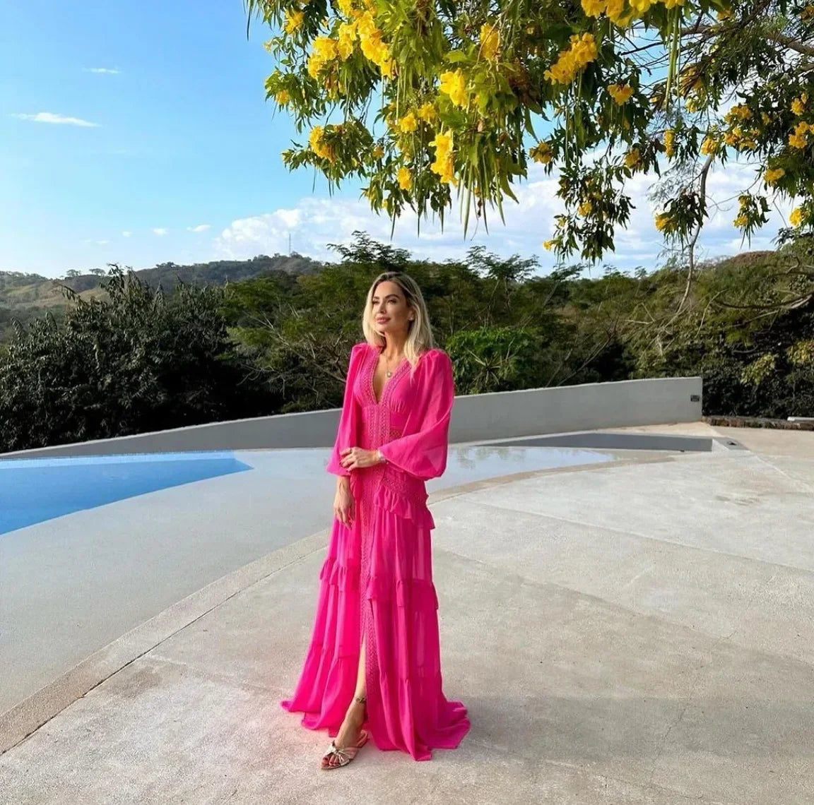 Women's Elegant Tiered Ruffle Maxi Dress – Deep Green, V-Neck & Long Sleeve Design