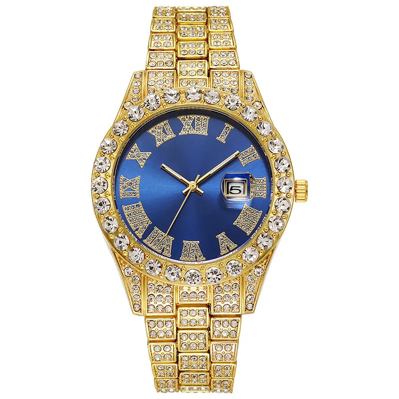 Luxury Golden Steel Men’s Watch – Roman Numerals, Rhinestone Calendar, Quartz Precision