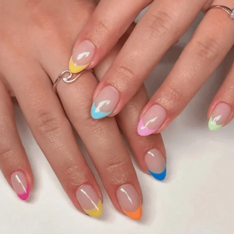 24pcs Long Almond French Tip Press-On Nails – Simple Full Cover Design