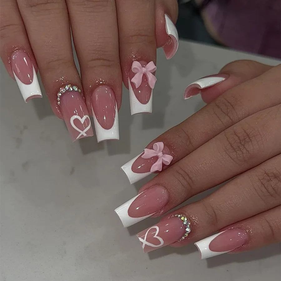 24pcs White French Press-On Nails – 3D Bowknot Design, Full Cover Wearable Set for Women