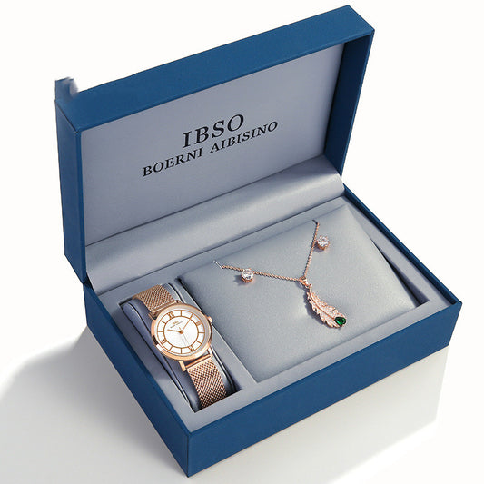 Women’s Watch with Zircon Necklace & Earrings – Ibso