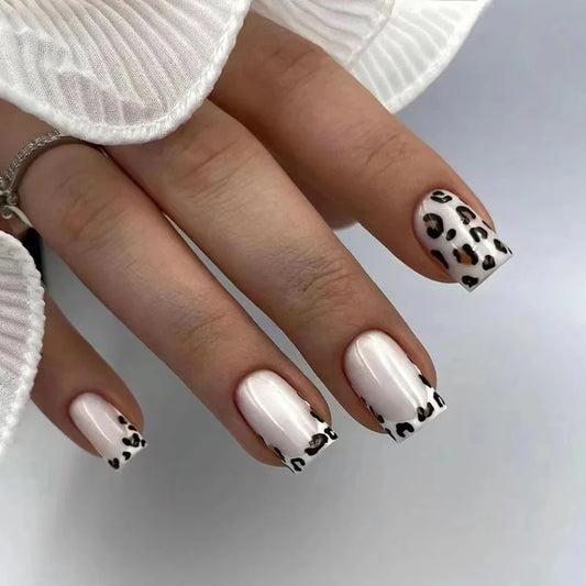 24pcs French Leopard Print False Nails – Full Coverage, Waterproof, Press–On with Tools