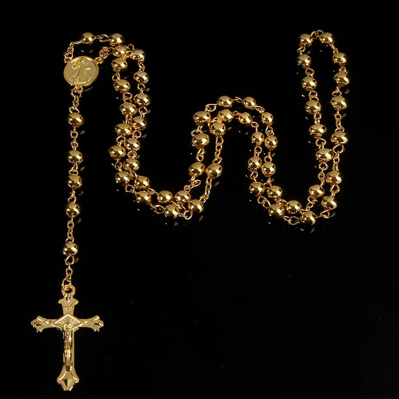 Classic 6MM Rosary Necklace – Stainless Steel Beads with Cross Pendant, Masterfully Crafted Design