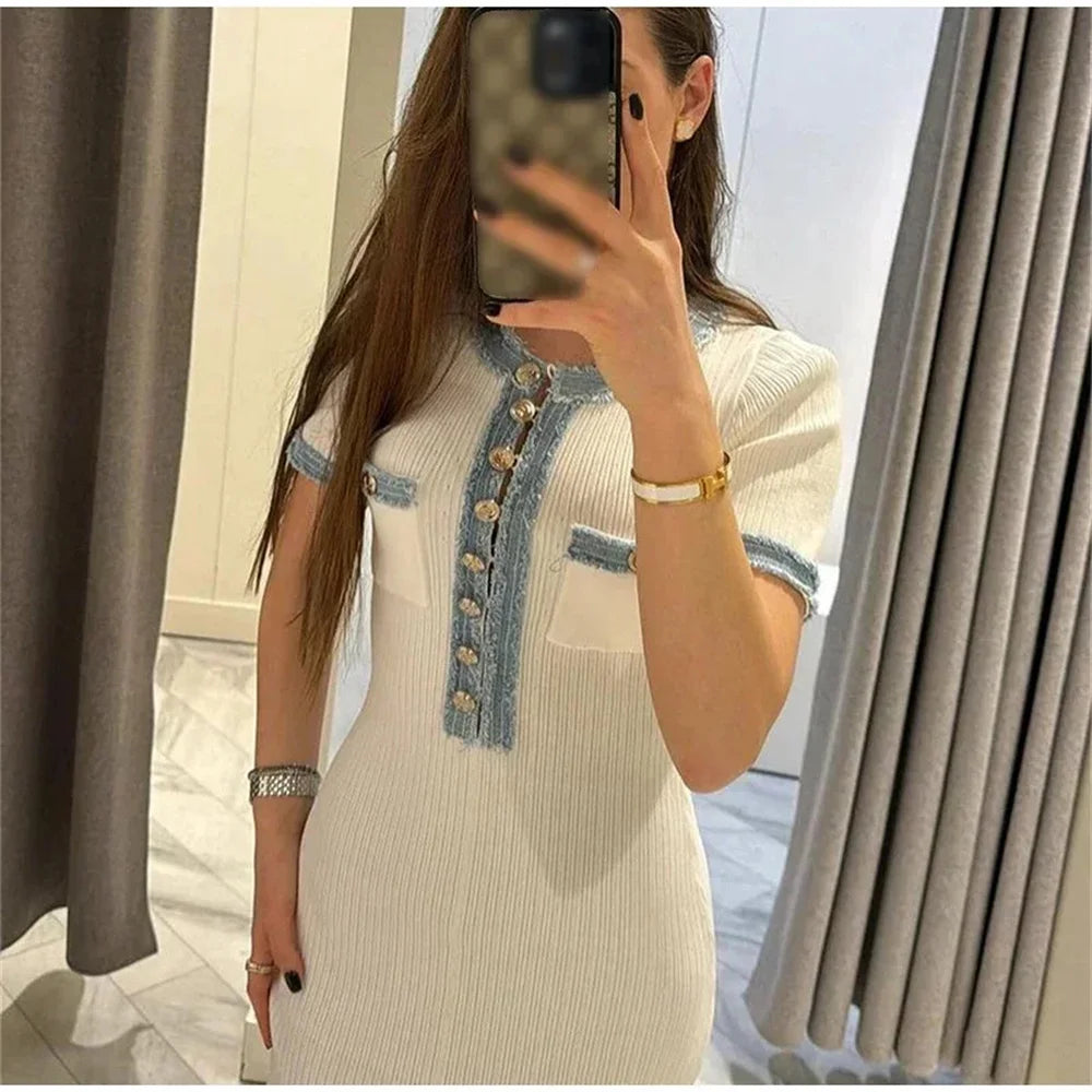 women's Elegant White Knit Bodycon Maxi Dress –  Sleeve, Pocket Detail