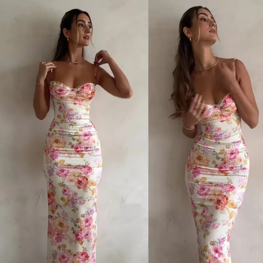 Women's European Style Summer Dress – Printed, Open-Back Tank Design, Slim Fit