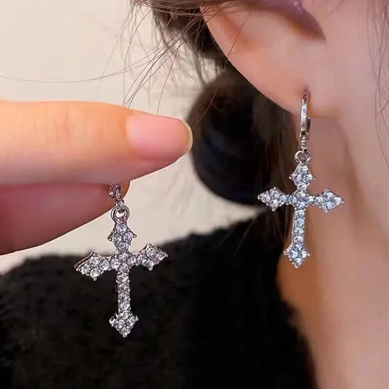 Y2K Gothic Cross Hoop Earrings – Rhinestone & Zircon Crystal Drop Design for Women